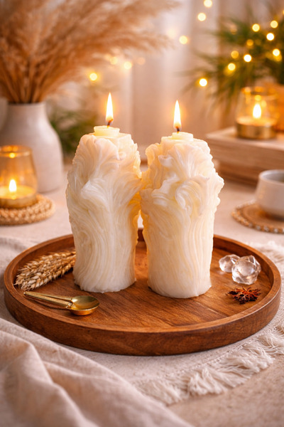 R ROZELLA El Yapımı Dekoratif Beyaz Mum | Modern Dalga Desenli | İkili Set | ...