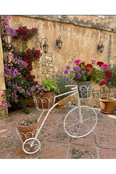 Lidya Dekoratif Metal Bisiklet Şeklinde Saksılık - Beyaz | 3'lü Çiçeklik Standı