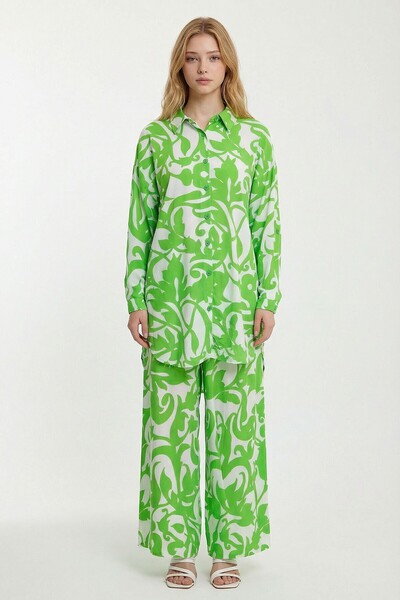 bacc Γυναικείο πουκάμισο και παντελόνι με πράσινο φλοράλ σχέδιο, υφαντό σετ μ...