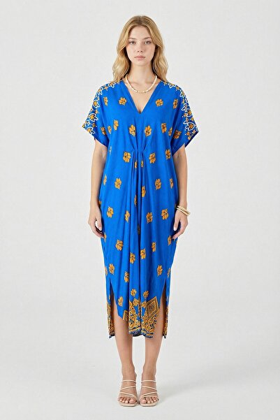 bacc μπλε κοβαλτίου Με σχέδιο V-Neck χαλαρή εφαρμογή Φόρεμα καφτάνι