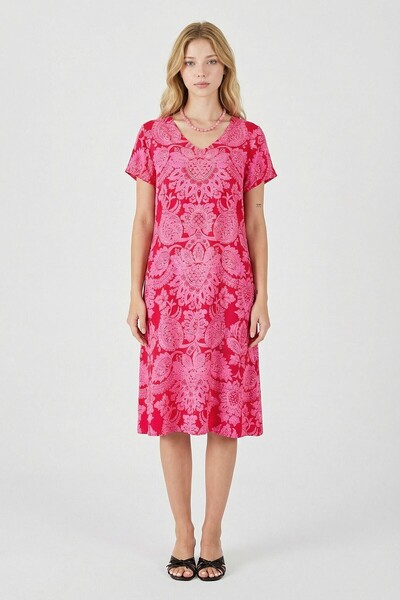 bacc Φούξια Με σχέδιο κοντομάνικο φόρεμα με λαιμόκοψη V Midi μήκος