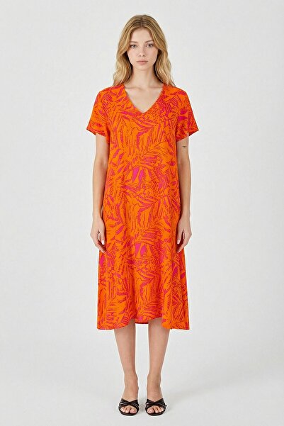 loia Γυναικείο κομψό φόρεμα με πορτοκαλί σχέδιο, λαιμόκοψη V, κοντό μανίκι κα...