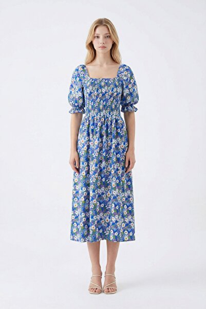 bacc Μπλε τετράγωνο γιακά με διακοσμητική μέση Με φλοράλ μοτίβο Υφαντό Καλοκα...