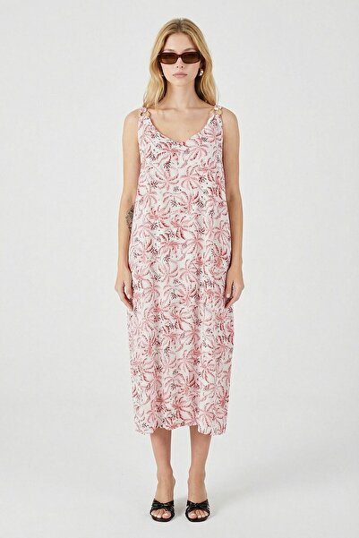 loia Γυναικείο κόκκινο-λευκό φόρεμα με λουράκια και χάντρες, με διπλές τσέπες...