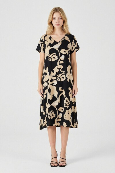 bacc Εκρού-Μαύρο Δερμάτινο n Φόρεμα με λαιμόκοψη V άνοιγμα Με σχέδιο Midi μήκος