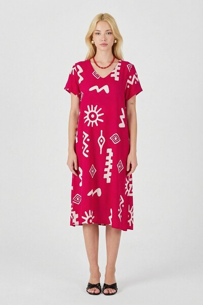 loia Γυναικείο φόρεμα με φούξια σχέδιο, λαιμόκοψη V, κοντό μανίκι, σκίσιμο, μ...