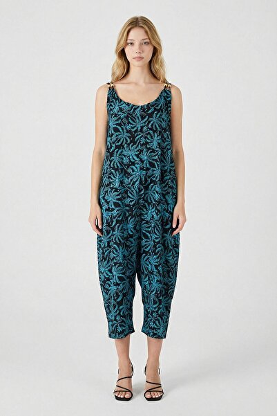 bacc Double Pocket Patterned Loose Dress with Orange Belly Button Strap Detai...