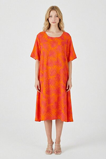 loia Γυναικείο κομψό φόρεμα με πορτοκαλί φαρδύ γιακά και σχέδιο, μήκους μίντι...