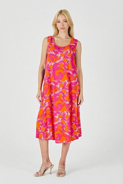 loia Γυναικείο πορτοκαλί φόρεμα με λαιμόκοψη U, αμάνικο, ασύμμετρη κοπή, μίντ...