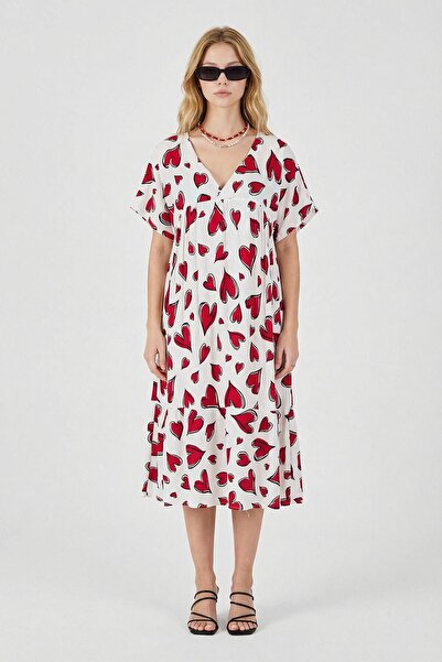 loia Γυναικείο κομψό φόρεμα σε κόκκινο-λευκό χρώμα με λαιμόκοψη V, υπερμεγέθη...