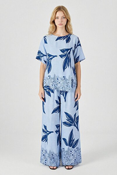 Ice Blue Leaf Patterned Oversized Blouse and Wide Leg Pants Set