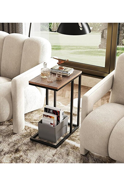 RahaShop Industrial side table, No locking casters, walnut veneer, suitable f...