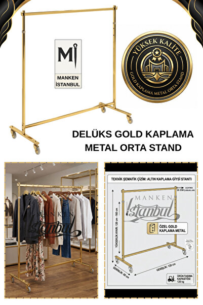 Manken İstanbul Yüksek Kalite Gold Kaplama Orta Stand Tekerlekli Orta Askılık