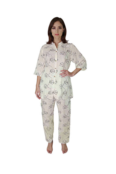 Generic طقم نسائي تقليدي عرقي - قميص كورتا من القطن والجوت مع بنطلون مستقيم