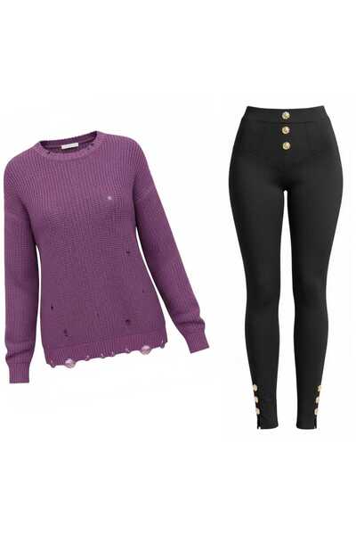 ANATOLIATEKSTILE Set Damă Pulover Lung Oversize + Colanți – Outfit Casual Con...