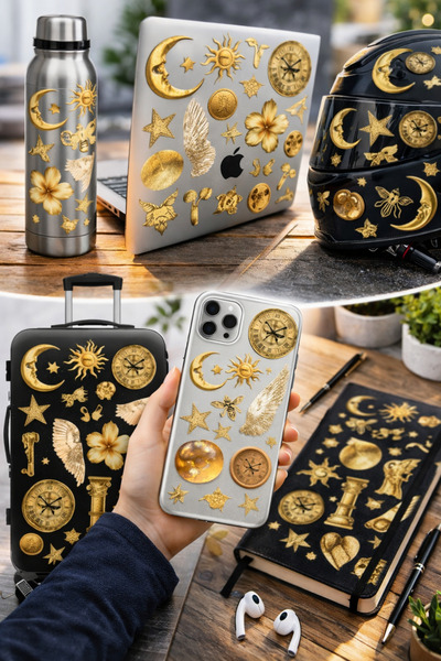 Limitless Design Gold Vintage Sticker Set – Moon, Sun, Clock & Aesthetic Prem...