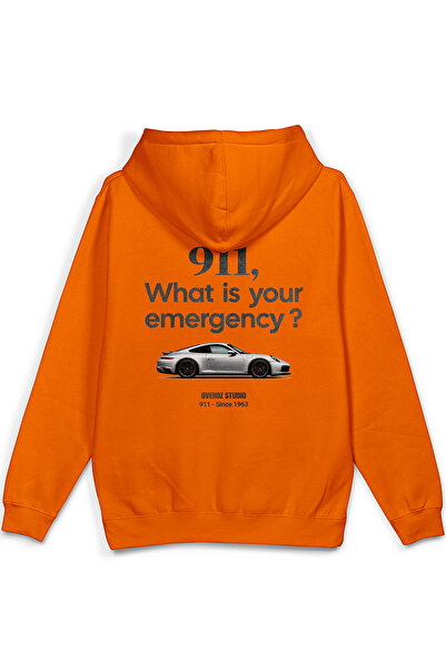 Overoz 911 Car Back Printed Hooded Semi Oversized Sweatshirt Orange Hoodie 1423