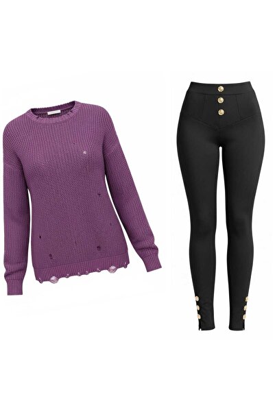 ANATOLIATEKSTILE Set Damă Pulover Lung Oversize + Colanți – Outfit Casual Con...