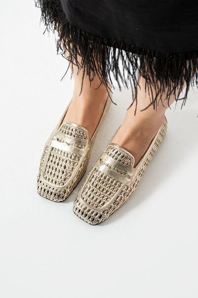 dericia shoes Crimson Hakiki Deri Kadın Günlük Örgü Babet Ayakkabı
