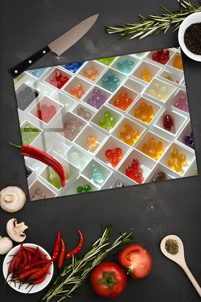 kutuTR Colorful Jelibon Teddy Bear Patterned Tempered Glass Cutting Board 30X40 cm Size Uv Printing - Bckt055