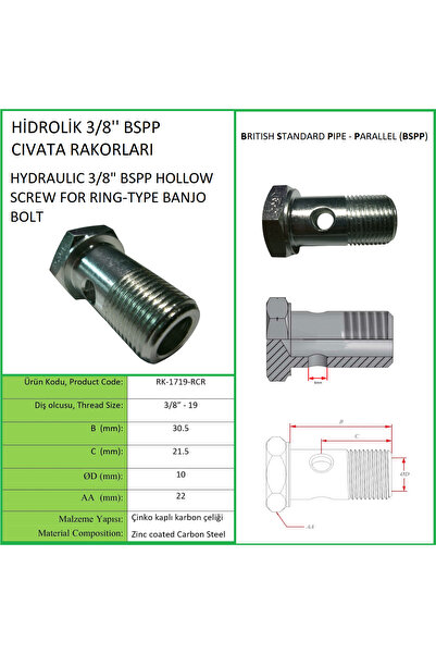 Rekorsan HİDROLİK 3/8'' CİVATA RAKOR, HYDRAULIC 3/8" HOLLOW SCREWS FOR RING-T...