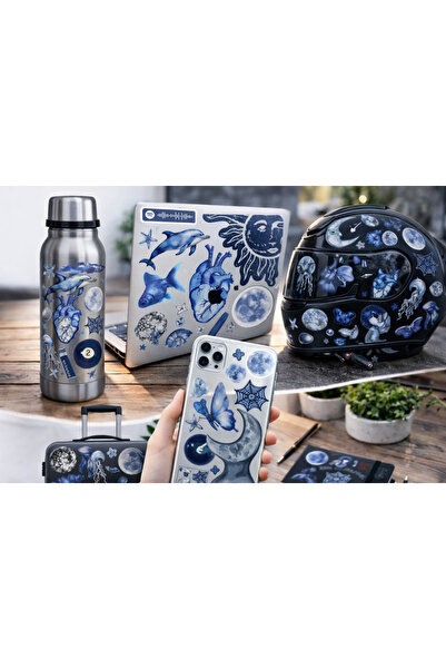 Limitless Design مجموعة ملصقات زرقاء ذات طابع جمالي - ملصقات عتيقة وفنية (الق...