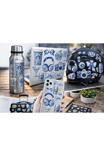 Limitless Design ملصق كولاج جمالي من السيراميك الأزرق منقوش - لوحة جدارية زخر...