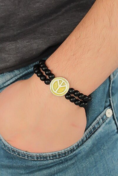 Inure Jewelry Black Color Matte Onyx Natural Stone Men's Bracelet with Yellow...