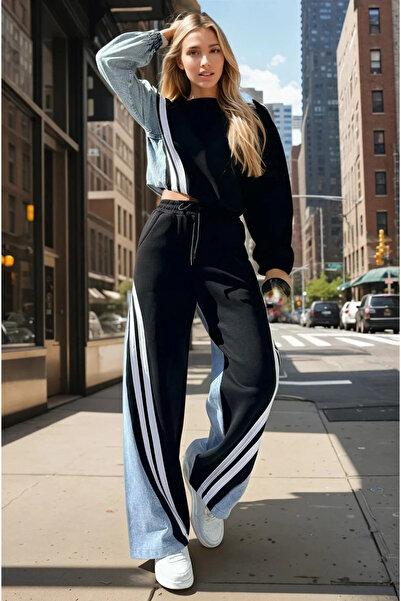 LAYAL MY BEAUTY Jeanline Siyah Mavi Beyaz Çizgili Jeans Pantolon Sweatshirt İ...