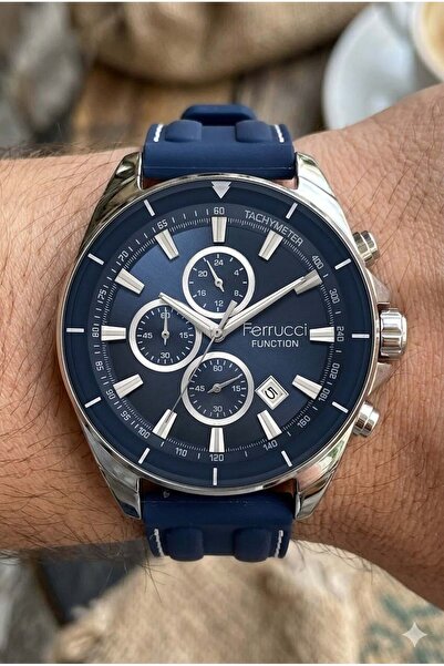 Ferrucci Sporty Men's Wristwatch |   46mm Steel Case, Navy Blue Silicone Stra...