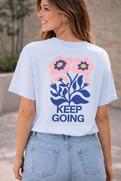 ArtYus Keep Going Text and Flower Printed Unisex Oversized T-Shirt – Back Pri...
