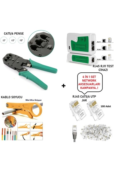 Derwell 4'Lü Set Rj45 Cat5/6 Jak Pensesi + Rj45/Rj11 Test Cihazı + 100 Adet C...