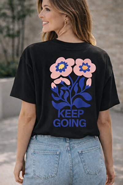 ArtYus Keep Going Text and Flower Printed Unisex Oversized T-Shirt – Back Pri...