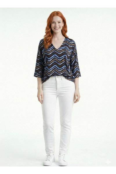 Neden Tekstil Women's V-Neck Wavy Patterned Comfortable Fit Blouse