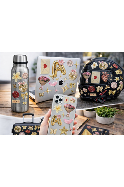 Limitless Design مجموعة ملصقات ذهبية ووردية ذات طابع جمالي - تصاميم لطيفة وجذ...