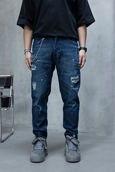 MODINI Slim fit jeans with chain, rips and splash effect (6866)