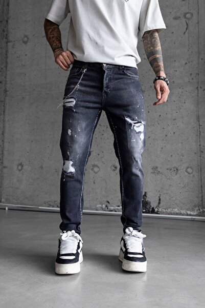 MODINI Slim fit jeans with chain, rips and splash effect (6712)