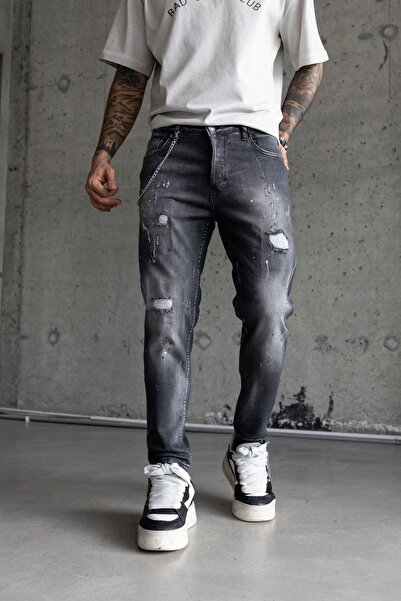MODINI Slim fit jeans with chain, rips and splash effect (6720)