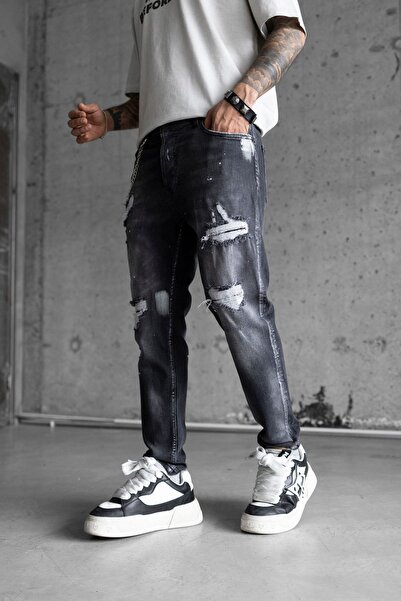 MODINI Slim fit jeans with chain, rips and splash effect (6714)