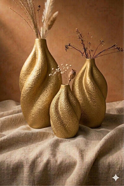 MERAM PRİNT Modern Curved 3-Piece Decorative Vase Set – Ceramic-Looking Matte...