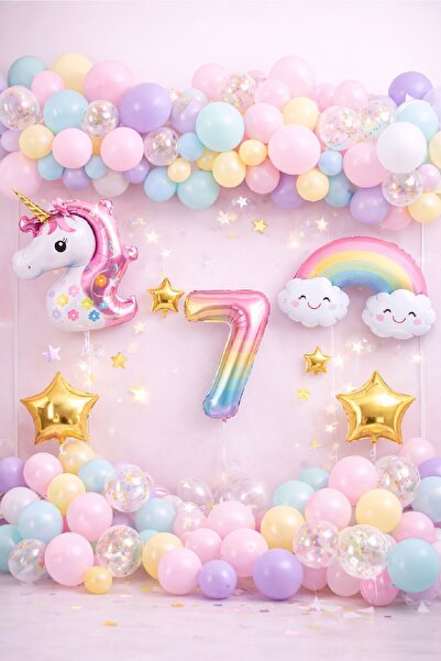 Laviyosa Unicorn Gökkuşağı Pastel Doğum Günü Balon Seti Zincir Yaş Balonlu Pa...