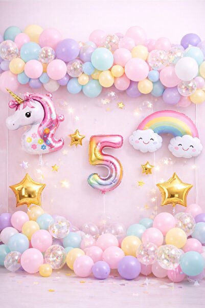 BKMC PARTY Unicorn Rainbow Pastel Birthday Balloon Set Chain Age Balloon Part...