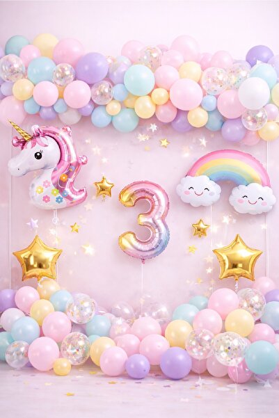 Laviyosa Unicorn Gökkuşağı Pastel Doğum Günü Balon Seti Zincir Yaş Balonlu Pa...