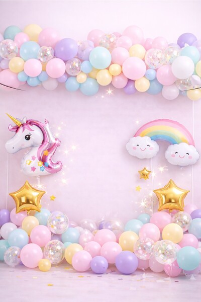 Laviyosa Unicorn Gökkuşağı Pastel Doğum Günü Balon Seti Zincir Yaş Balonlu Pa...