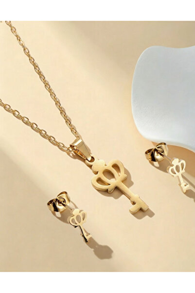 NO BRAND 18K Gold Plated Stainless Steel Key Clavicle Necklace Earrings Three...