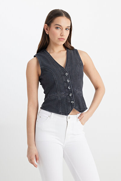 Lee Regular Fit Normal Kesim V Yaka %100 Pamuk Antrasit Jean Kot Yelek