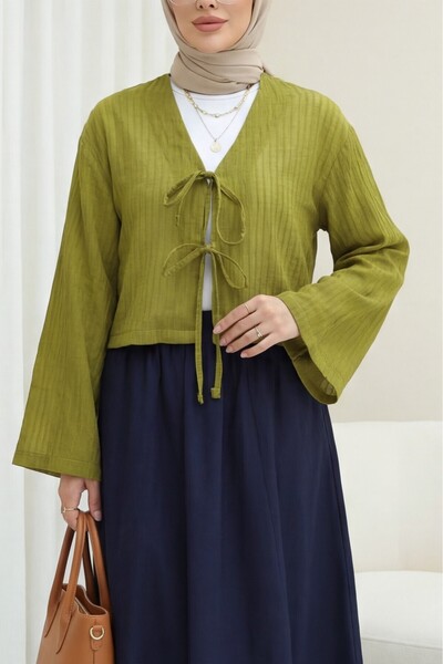 Modamorfo Bluză semi-transparentă cu mâneci bufante și șireturi în față - kaki