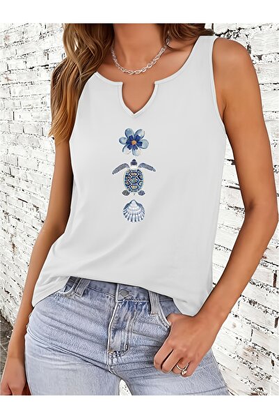 Deocept Γυναικείο μπλουζάκι Caretta με στάμπα, αμάνικο, με λαιμόκοψη V, κανον...