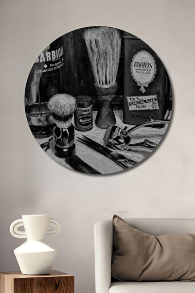 Teona Ahşap Yuvarlak Retro Berber Dükkanı Yağlı Boya Görünümlü Ahşap Dekorati...