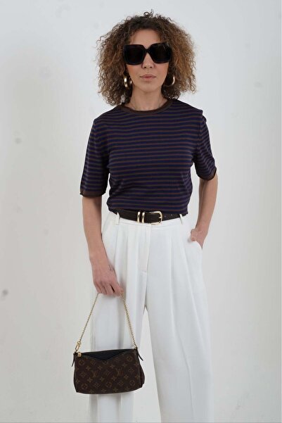 Zelish My Sister Καφέ μπλε ναυτικό πουλόβερ με λεπτές ρίγες και κοντό μανίκι